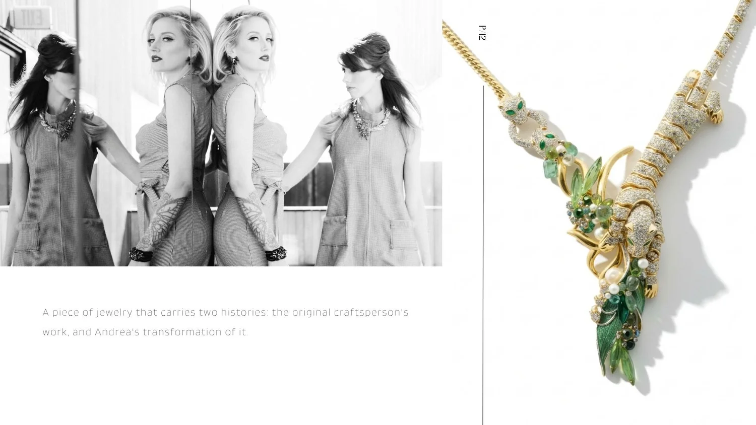 Mod lookbook spread with mirrored black-and-white model portraits beside a bold gold necklace with green gemstones on white.