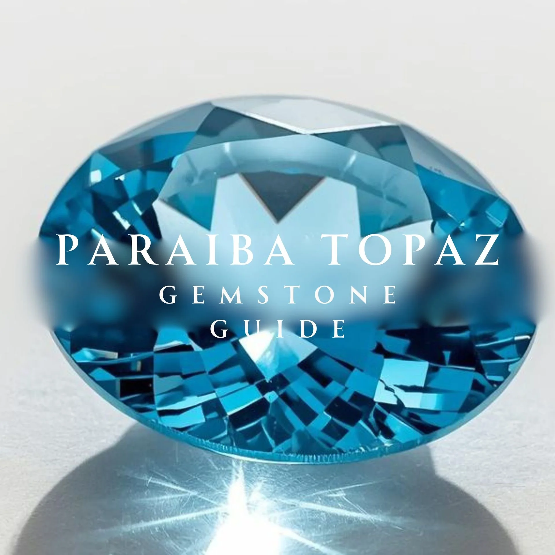 Close-up graphic of a faceted blue paraiba topaz with overlaid text reading “Paraiba Topaz Gemstone Guide.”