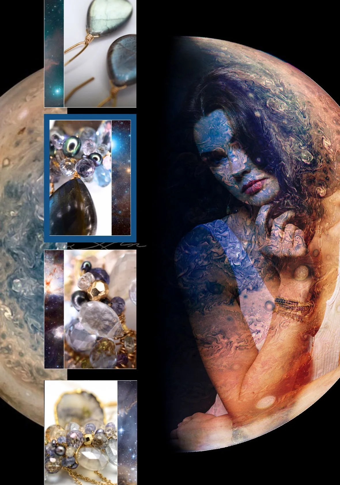 Surreal collage featuring a woman blended with a planet-like texture beside layered macro photos of gemstone jewelry details, creating a cosmic, editorial-inspired composition in deep blue, gold, and lavender tones.