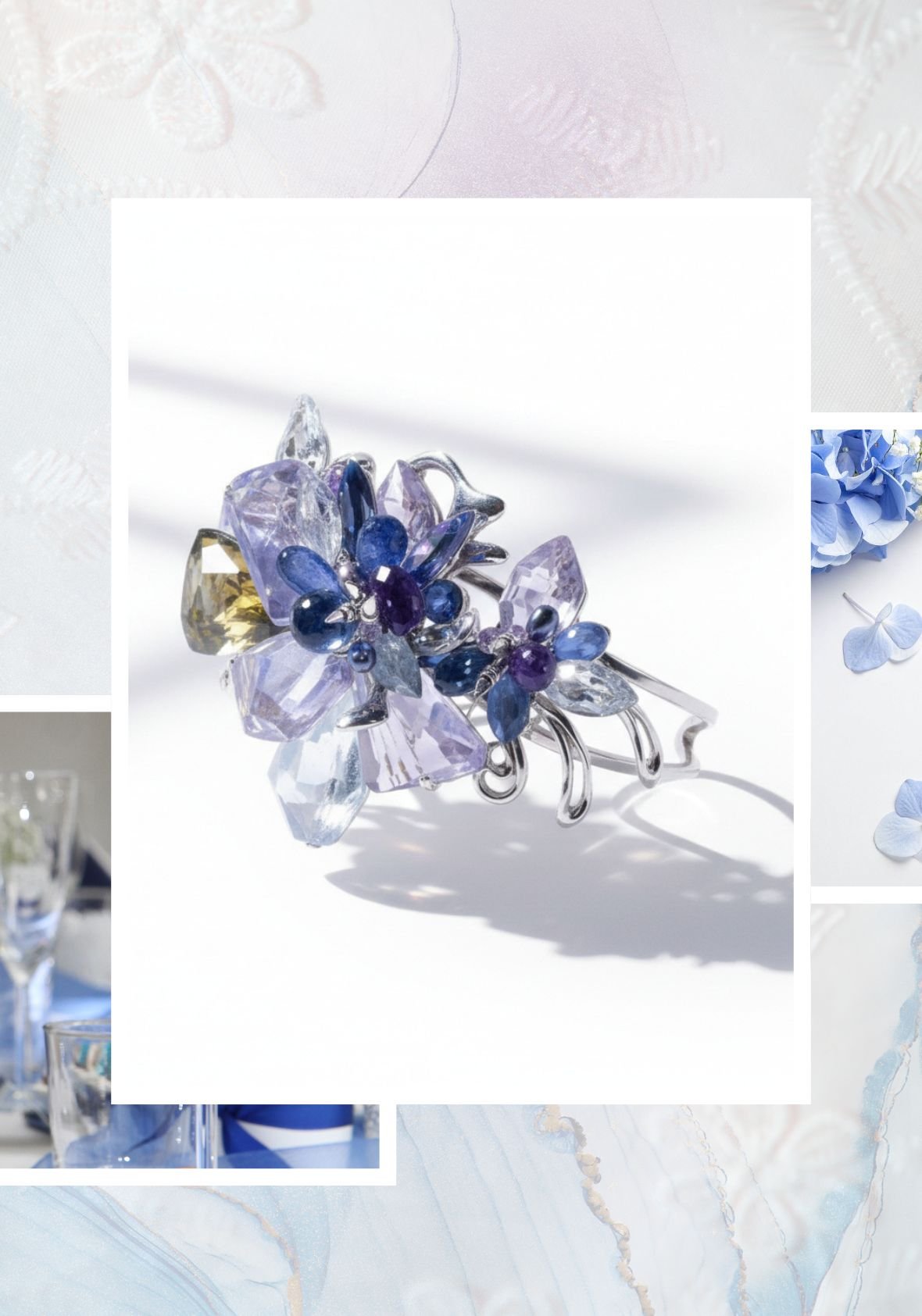 Silver floral bracelet with blue, violet, and crystal gemstones, framed by soft wedding details in pale blue and white.