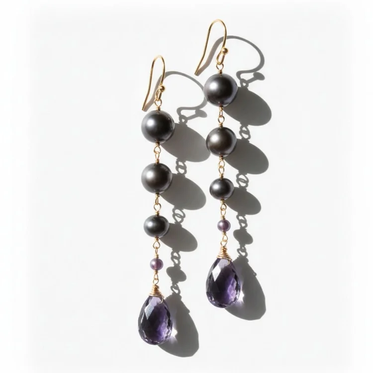 Amethyst and pearl earrings, by Andrea Li
