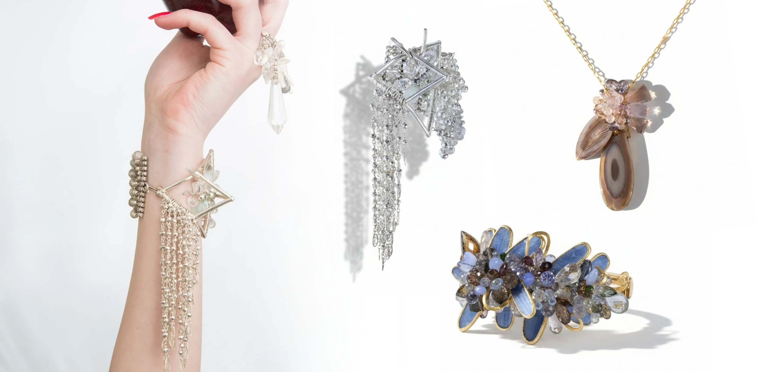 A group of one-of-a-kind eclectic gemstone pieces by Andrea Li: a rock crystal fringe bracelet, a smoky quartz and agate pendant, and a blue kyanite cuff