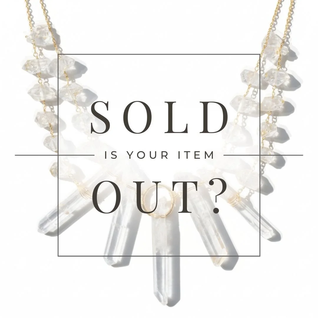 Graphic with a clear crystal point and Herkimer Diamond necklace background and overlay text reading SOLD IS YOUR ITEM OUT? inside a thin square frame.
