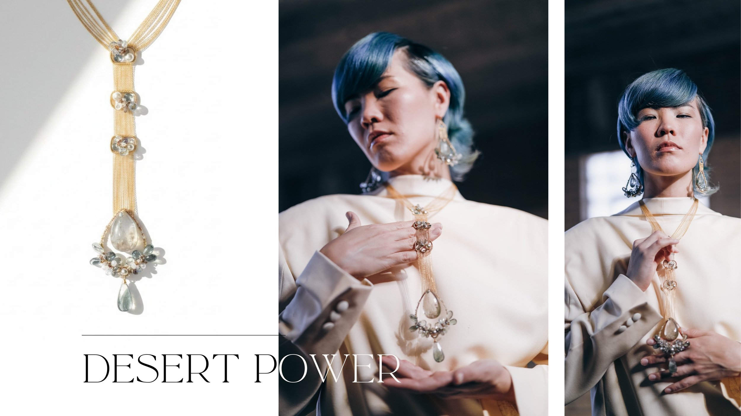 Editorial collage for Desert Power featuring a statement necklace and two model portraits on a clean minimalist lookbook layout.