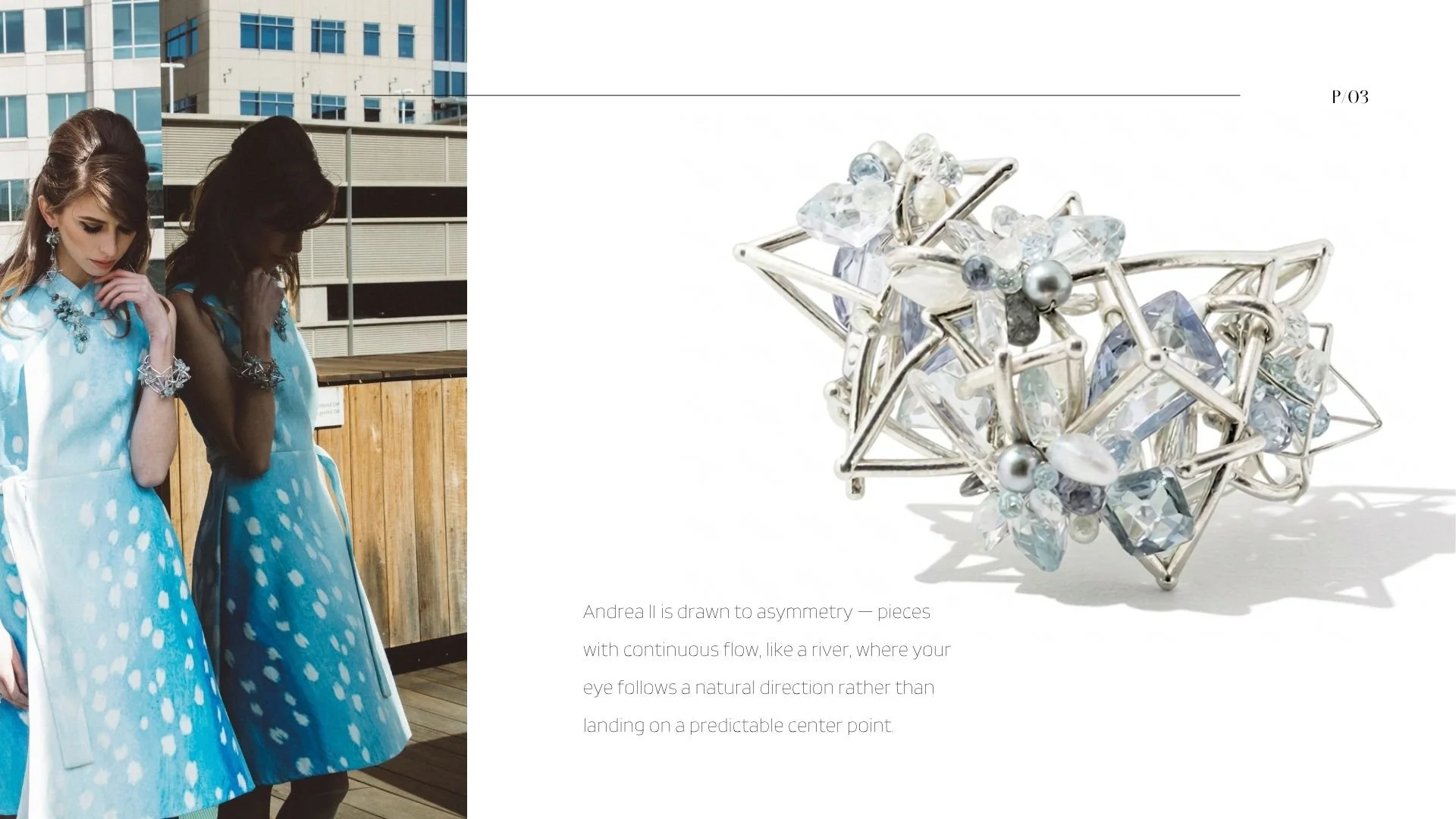 Editorial spread with a model in a blue mod dress and mirrored reflection beside a silver geometric gemstone cuff bracelet.
