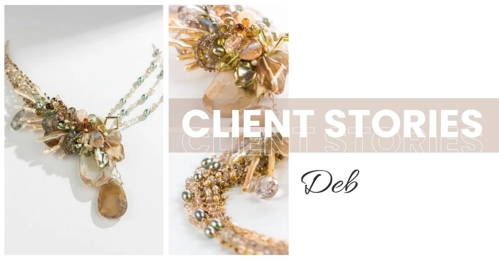 Collage featuring a layered gemstone statement necklace with close-up detail shots and "Client Stories Deb" text on a soft neutral background.