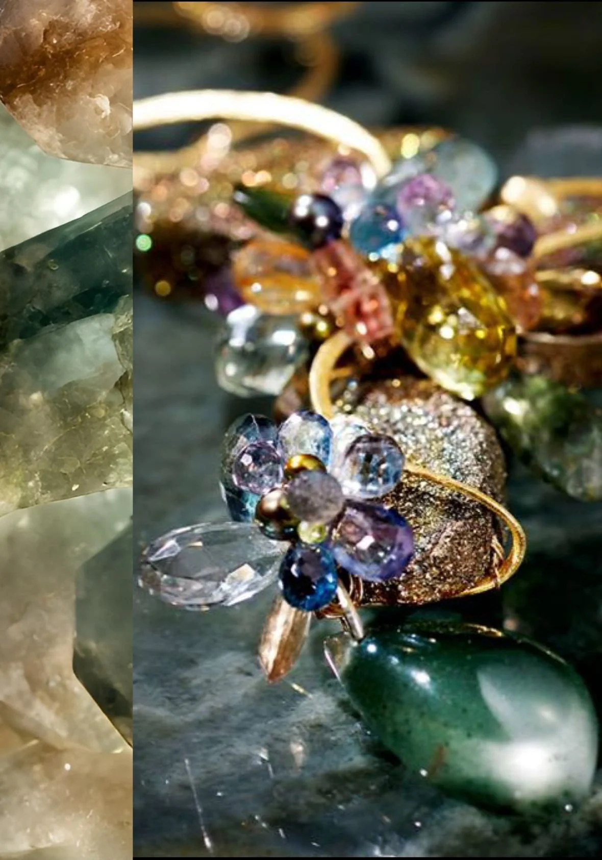 Close-up of colorful gemstone and gold rings nestled among crystals, highlighting floral beadwork and sparkling textures.