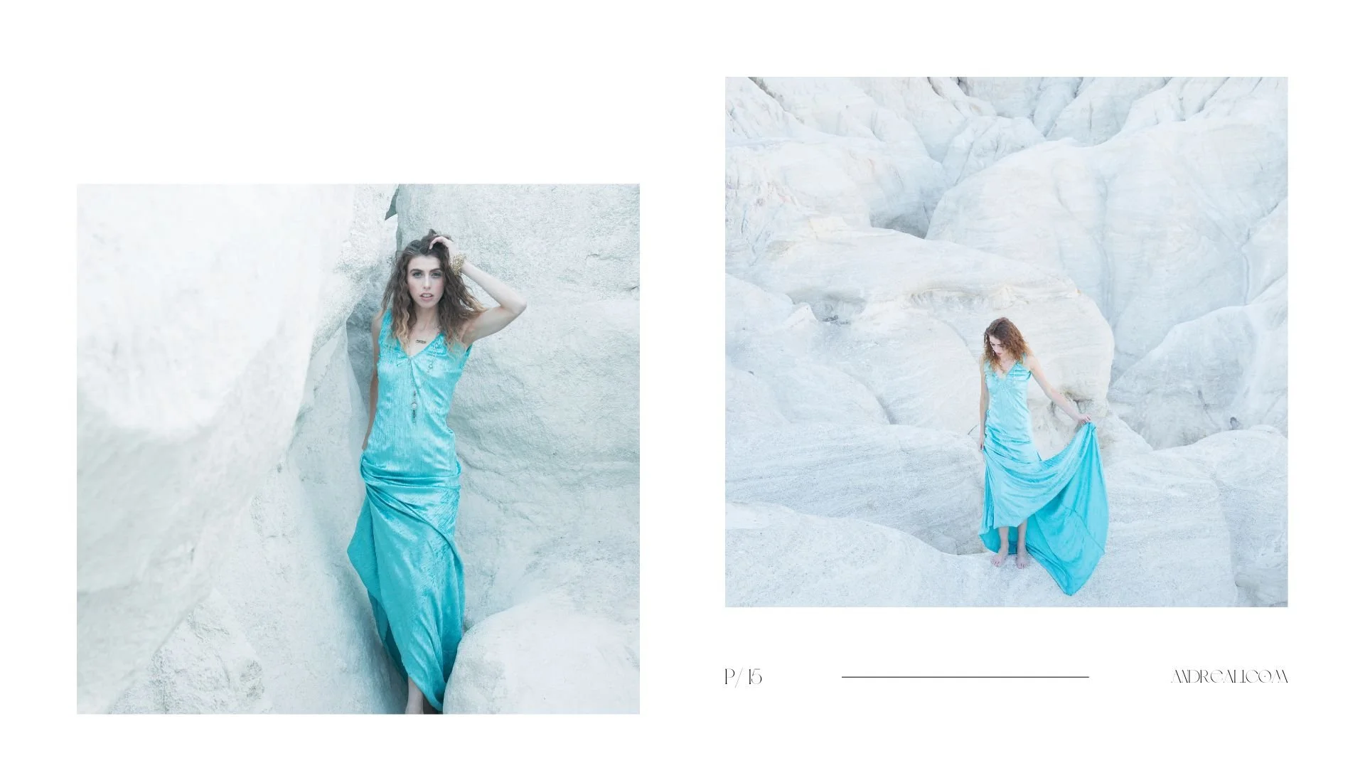 Lookbook spread with two portraits of a model in a flowing aqua dress posed among pale white rock formations.