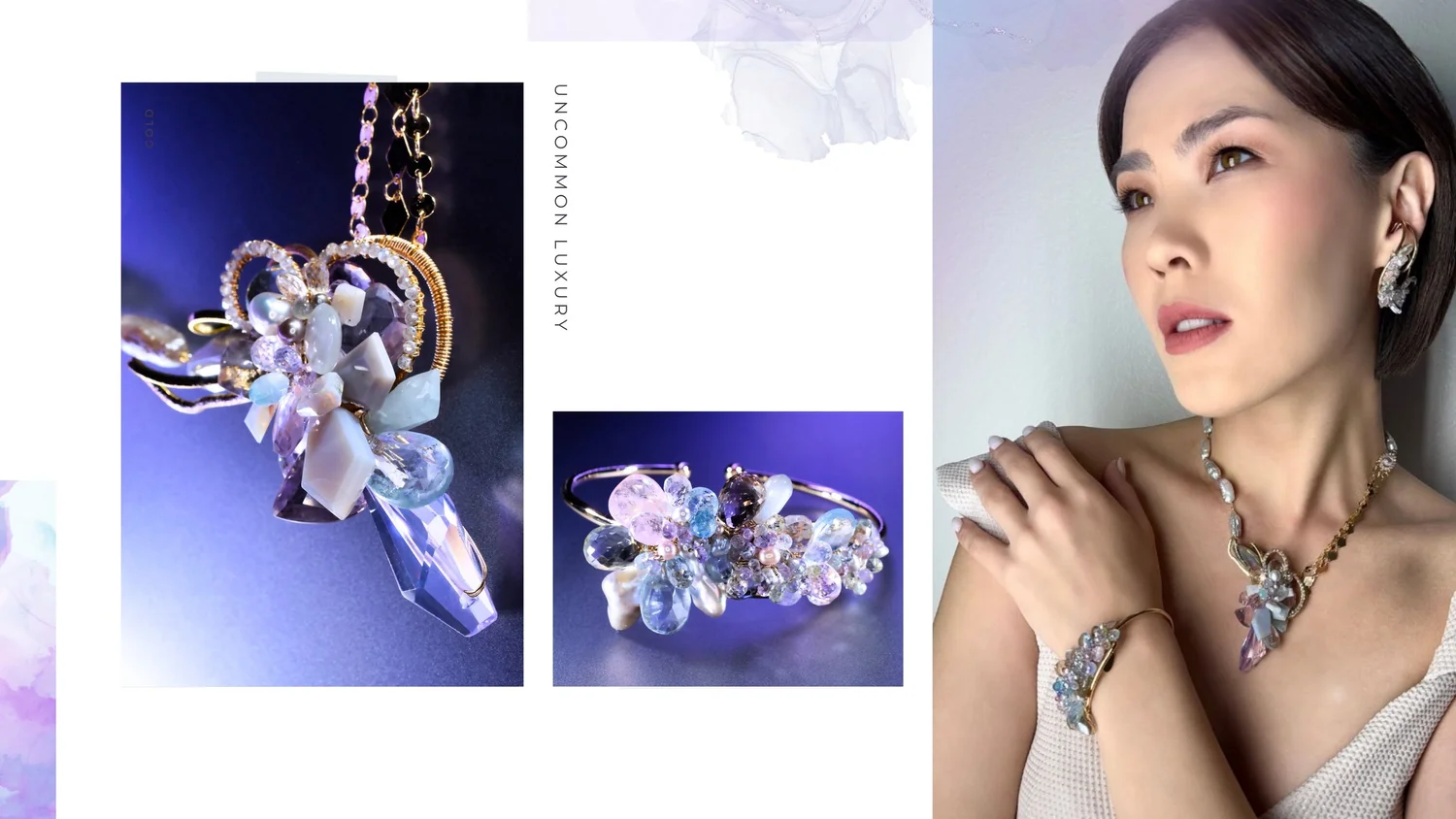 Model wearing a Tamar Collection pastel gemstone necklace, cuff, and earrings