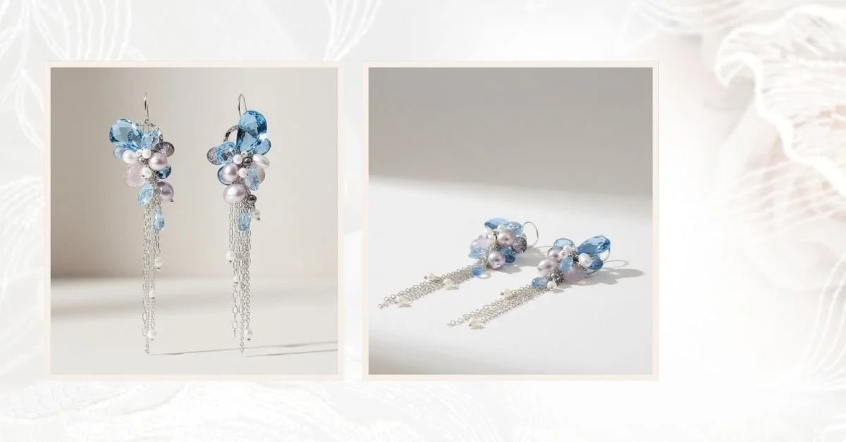 Side-by-side product photos of long statement earrings with light blue crystals, pale lavender pearls, and cascading silver chains, shown hanging upright and laid flat against a soft neutral background.
