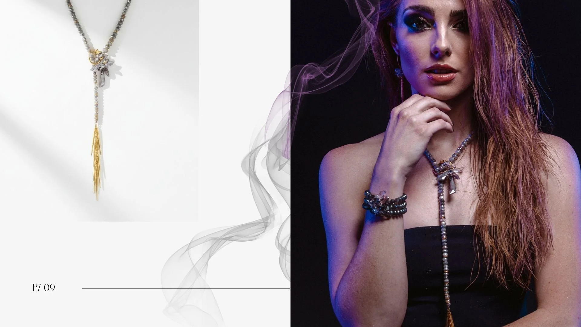 Lookbook spread featuring a product photo of a long lariat-style gemstone necklace with gold fringe, alongside a moody portrait of a woman wearing the same necklace and stacked gemstone bracelets in blue and purple lighting.