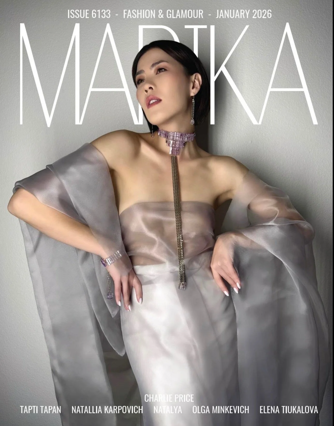 Magazine cover reading “MARTKA” (Issue 6133, Fashion & Glamour, January 2026) featuring a model in a strapless pale dress and sheer wrap, wearing a purple amethyst choker with a long chain drop, matching bracelet, and drop earrings.