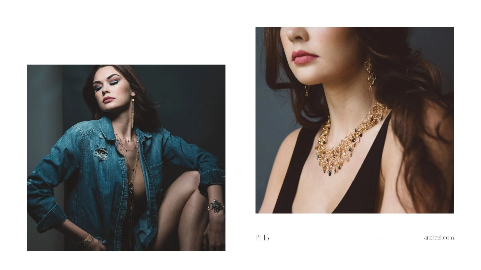Fashion editorial with a brunette model in layered gold jewelry, shown in two portraits wearing a denim shirt and black dress.