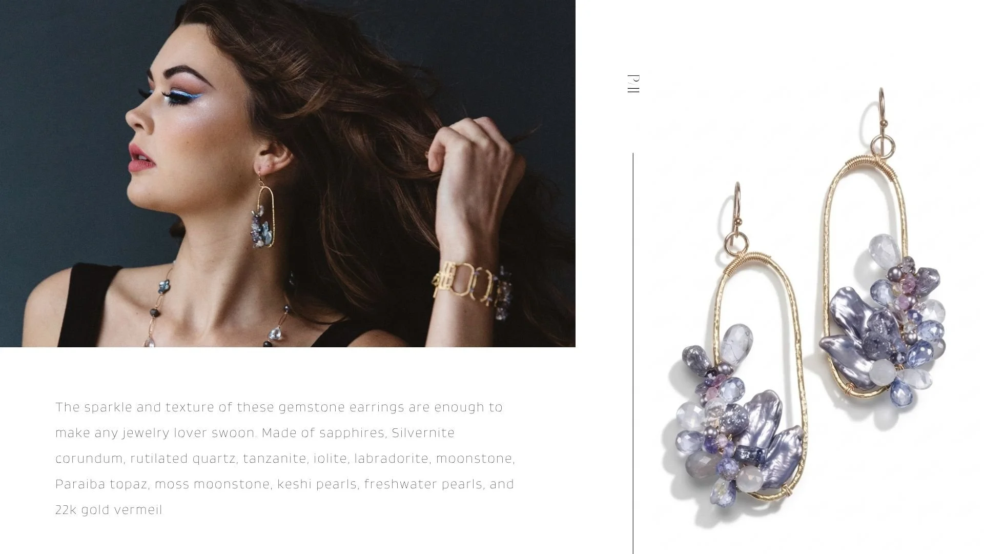 Lookbook page featuring a close-up portrait of a model with blue eye makeup wearing clustered blue-and-lavender gemstone earrings, alongside a product photo of the same elongated gold drop earrings with pearl and gemstone accents.
