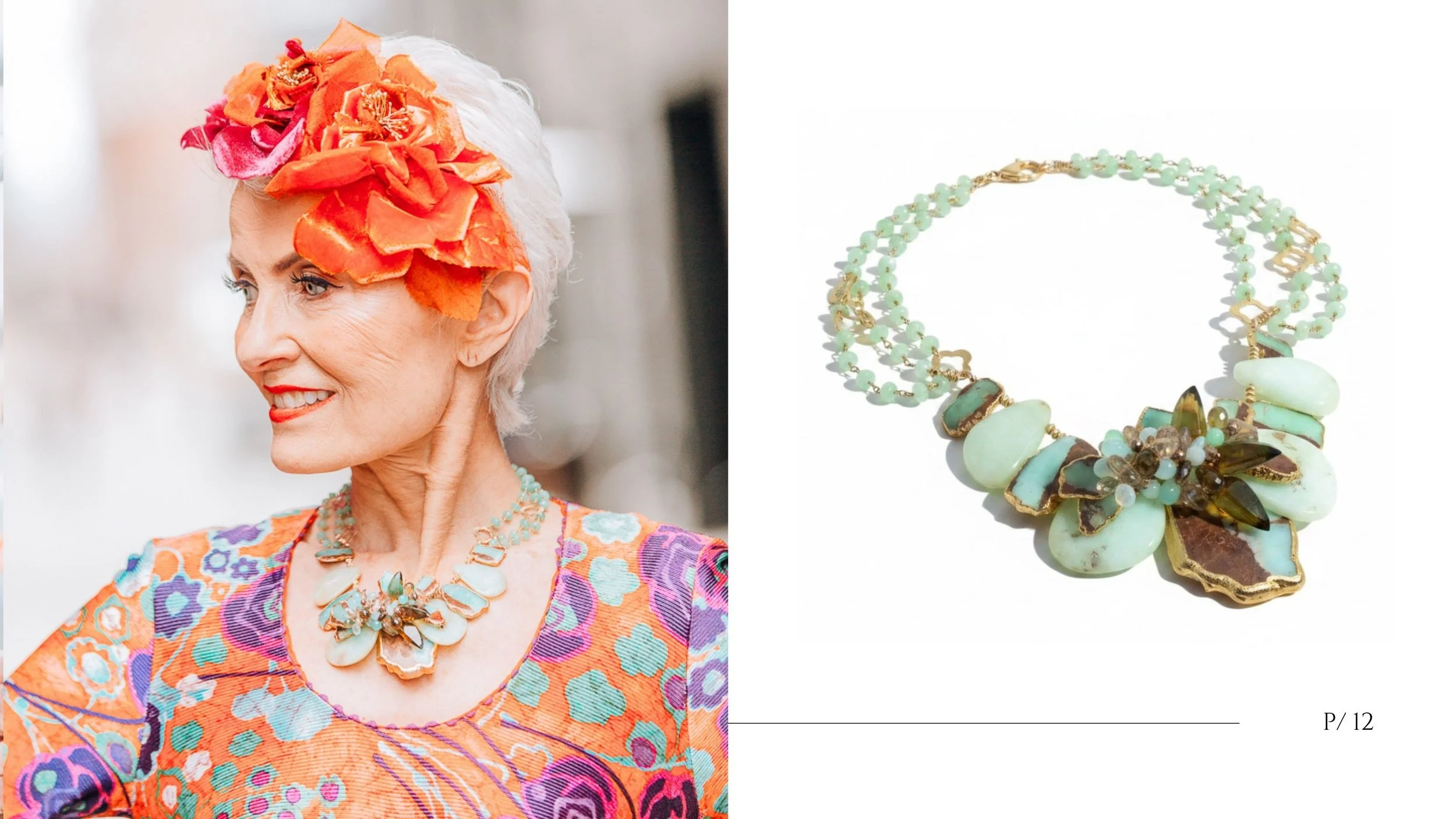 Style Crone in a mint green gemstone statement necklace by Andrea Li, closing spread of the wearable art lookbook