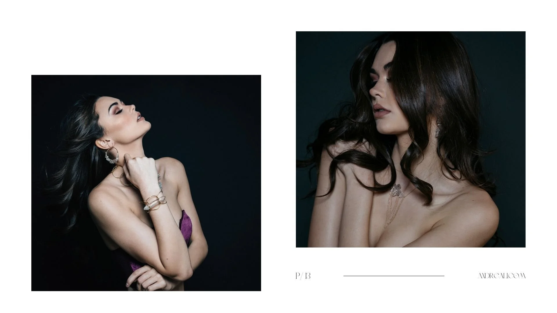 Lookbook page (P/13) featuring two model photos wearing Herkimer diamond jewelry, including gold circle-link necklace, Herkimer diamond hoop earrings, and layered delicate chain necklaces on a dark studio background.