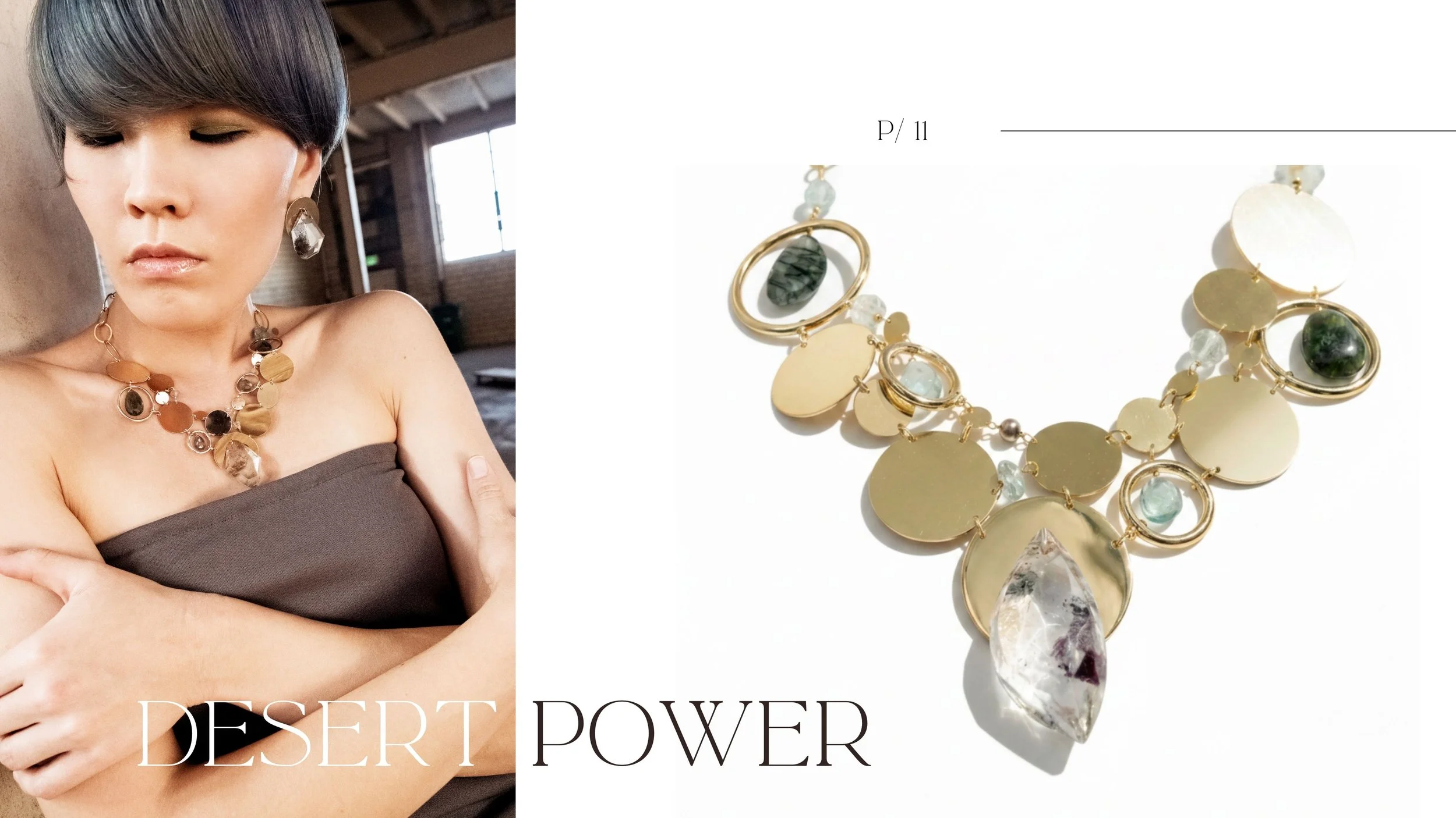 Editorial spread featuring a model in a statement necklace beside product photography on a clean, minimalist lookbook layout.