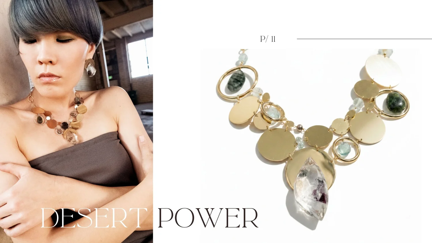 Editorial spread featuring a model in a statement necklace beside product photography on a clean, minimalist lookbook layout.