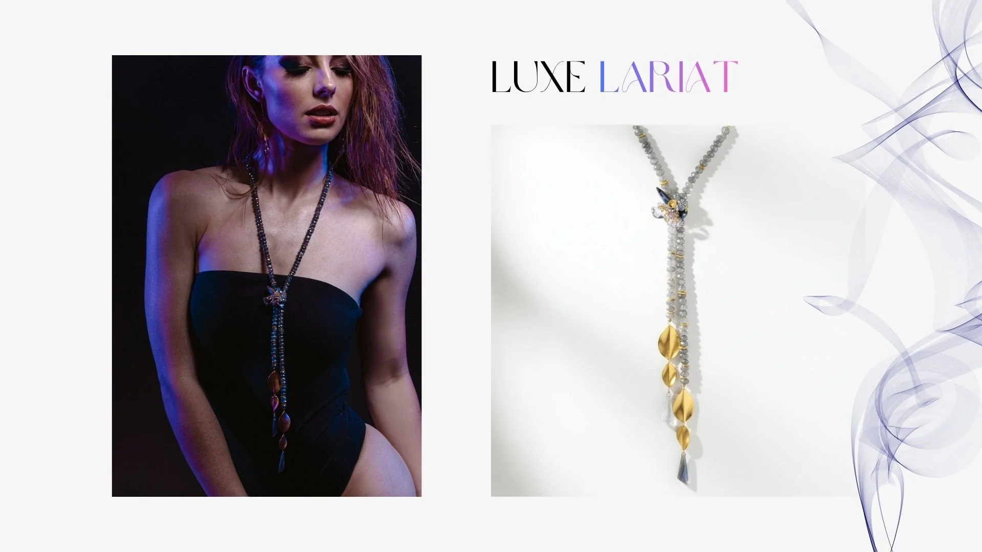 Lookbook spread titled “Luxe Lariat,” featuring a moody portrait of a woman wearing a long lariat-style gemstone necklace beside a product photo of the same necklace with pale gray beads, gold accents, and a tapered drop.
