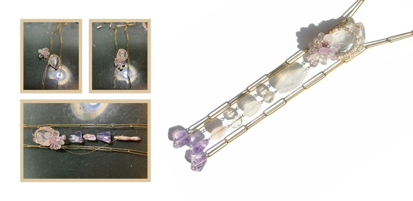Studio collage showing the Last Light necklace in progress beside the finished gold chain design with kunzite, pearls, and pastel gems.