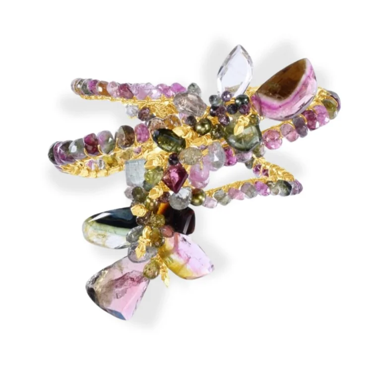 Andrea Li gold wire cuff bracelet wrapped in strands of pink and green tourmaline beads, by Andrea Li