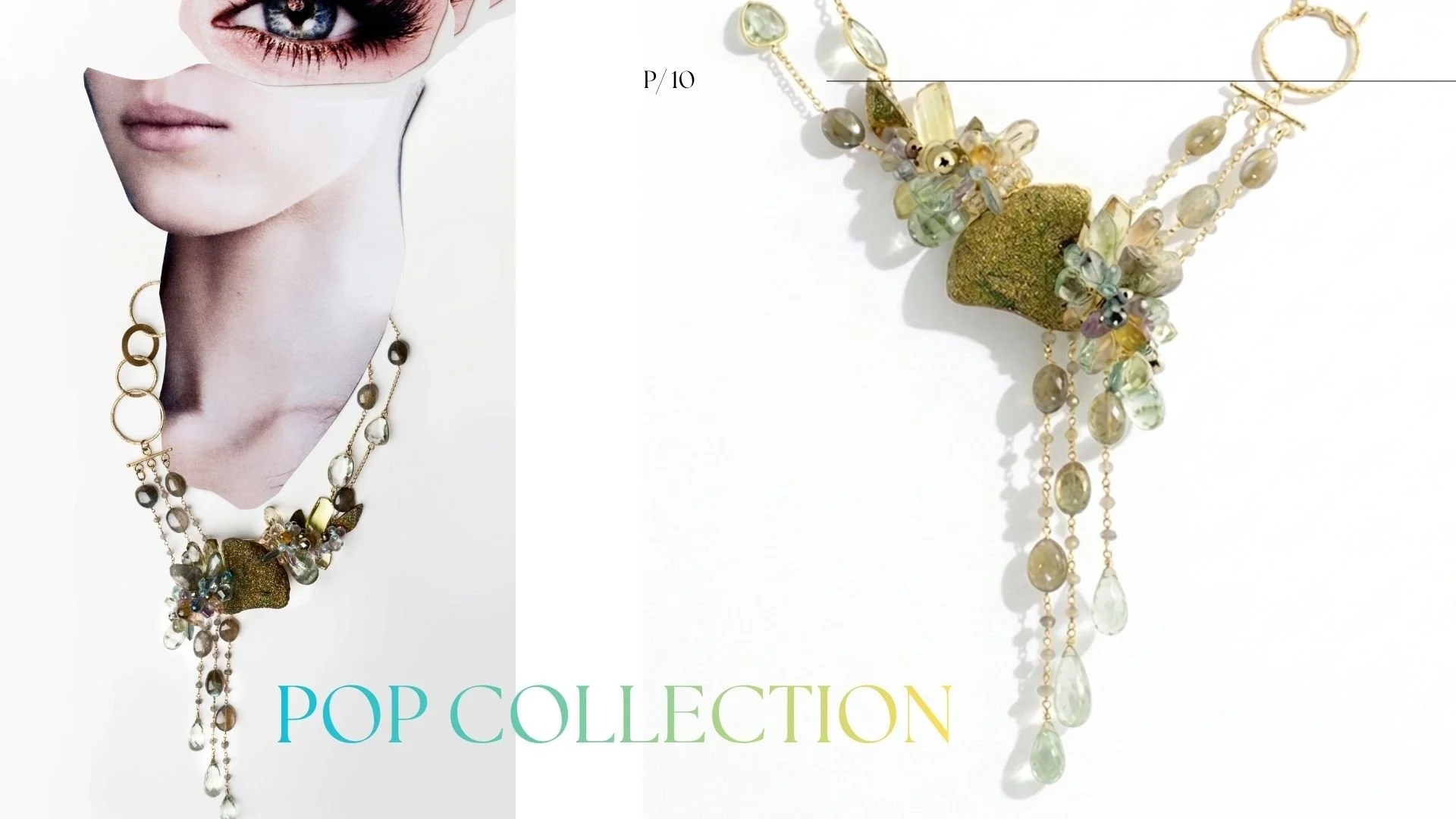 Pop Collection spread featuring a collage face with a statement gemstone necklace and matching product close-up on white.