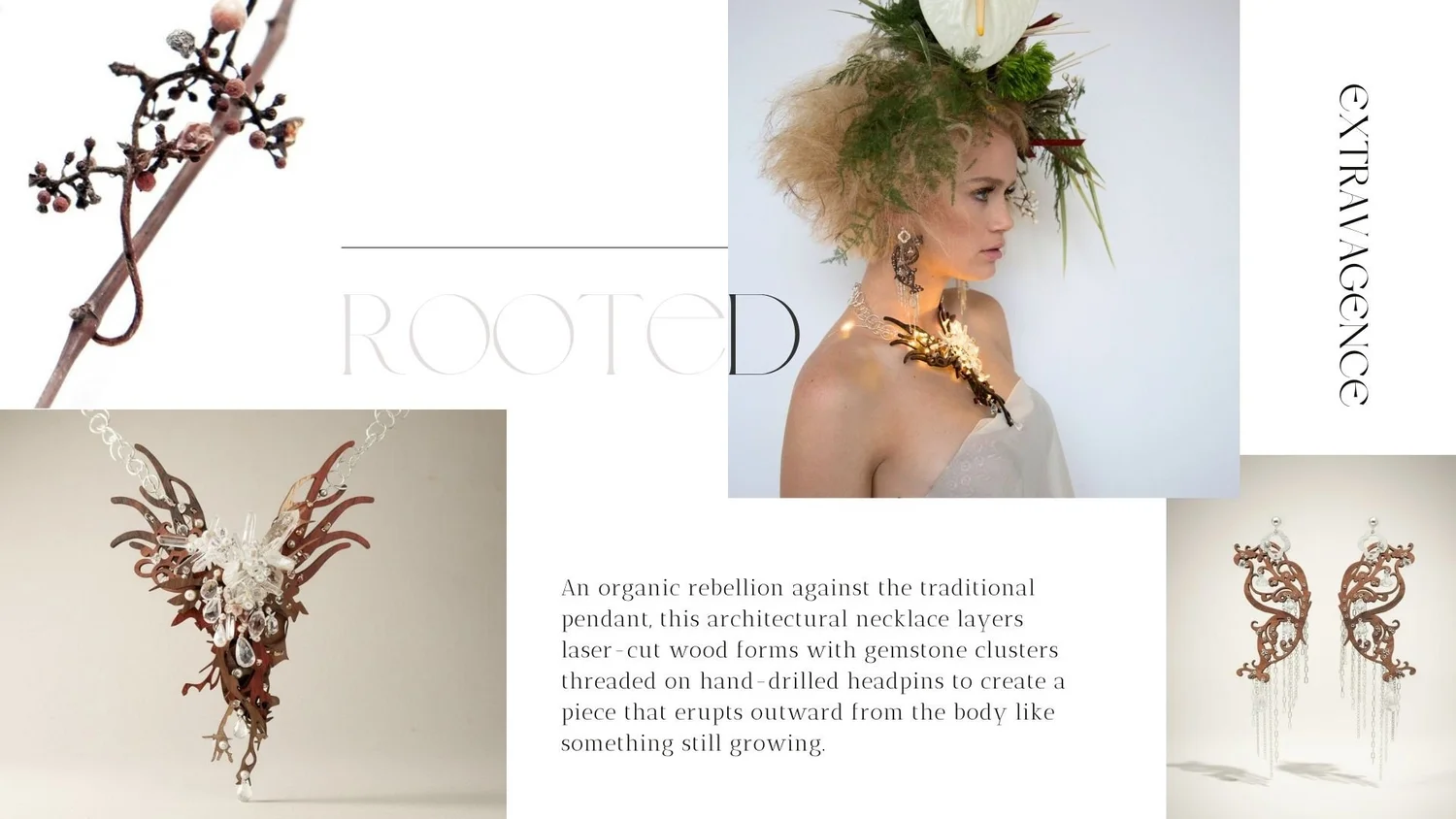 Editorial-style lookbook page featuring nature-inspired statement jewelry, including a branch brooch, a sculptural wood-and-crystal necklace, ornate earrings, and a model wearing a glowing botanical headpiece and organic necklace.