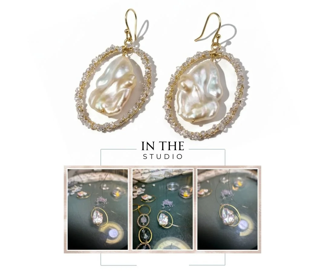 Collage featuring baroque pearl earrings with in-studio process photos, showing the finished pair above and making stages below.