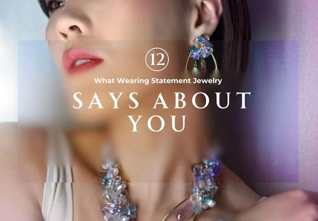 editorial image of a model wearing a statement pastel gemstone necklace and earrings with purple and light blue backgrounds