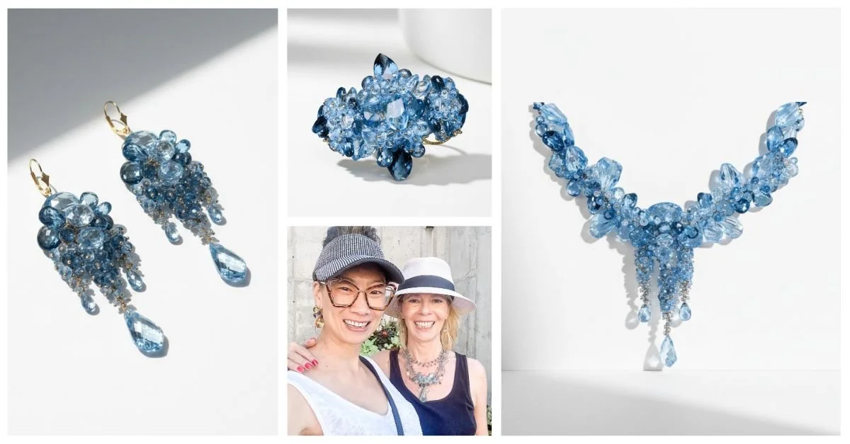 Collage of blue gemstone earrings, a matching ring and statement necklace, plus a smiling client photo on a soft white background.