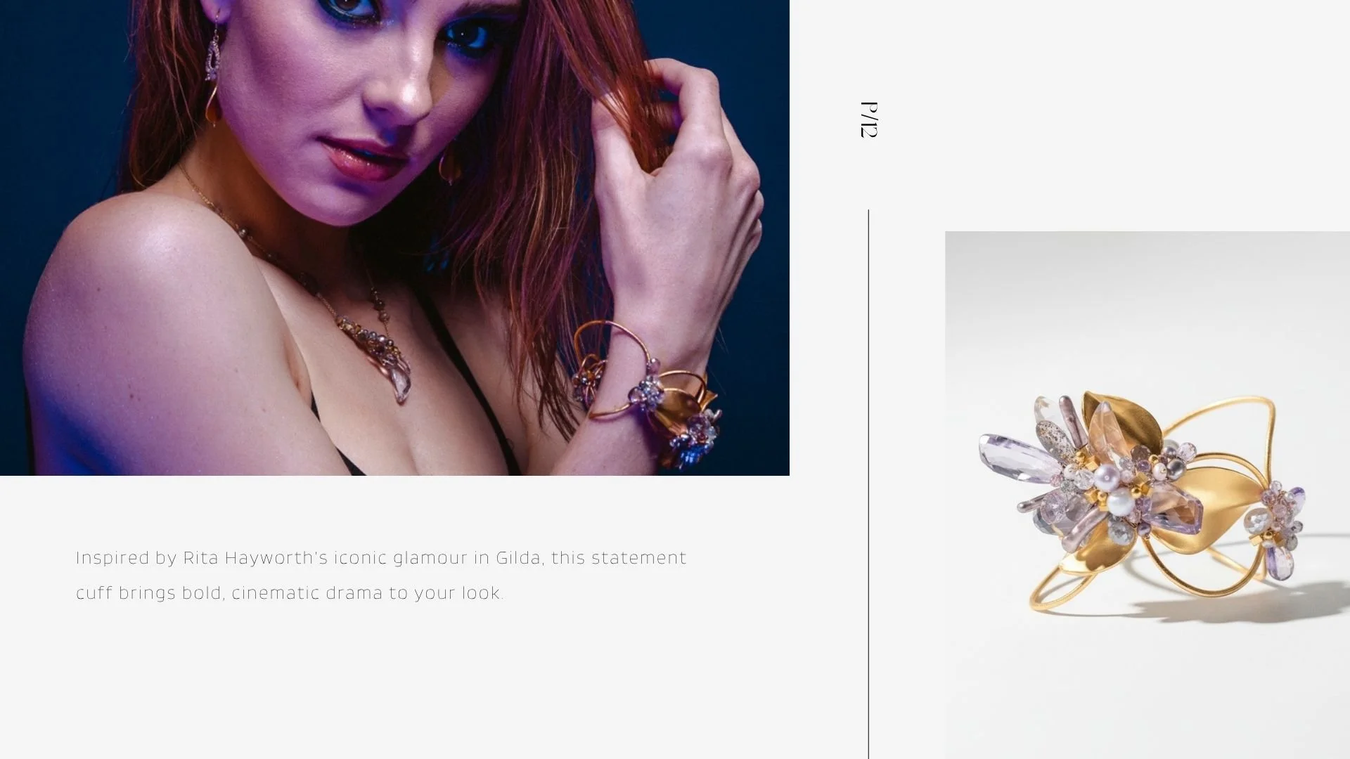 Lookbook page inspired by Gilda, featuring a moody portrait of a woman wearing a floral gemstone cuff bracelet and delicate necklace, alongside a product photo of the same gold cuff with blush, lavender, and clear gemstone details.