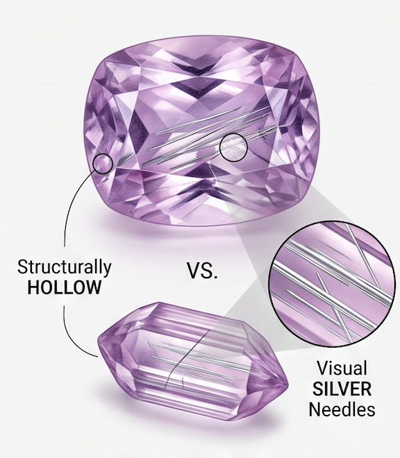 A kunzite showing structurally hollow cavities alongside a magnified view of the visual silver needles they produce