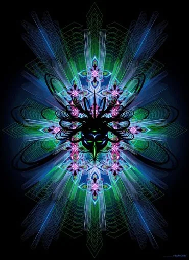 Abstract neon artwork with mirrored turquoise, blue, and purple waves radiating from a bright central glow against a dark background.