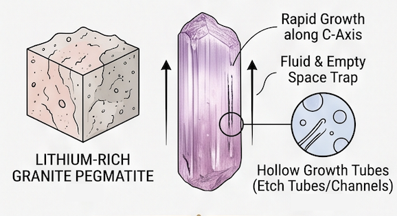 Diagram of kunzite formation: lithium-rich granite pegmatite, rapid crystal growth along the c-axis, and hollow growth tubes where fluid was trapped