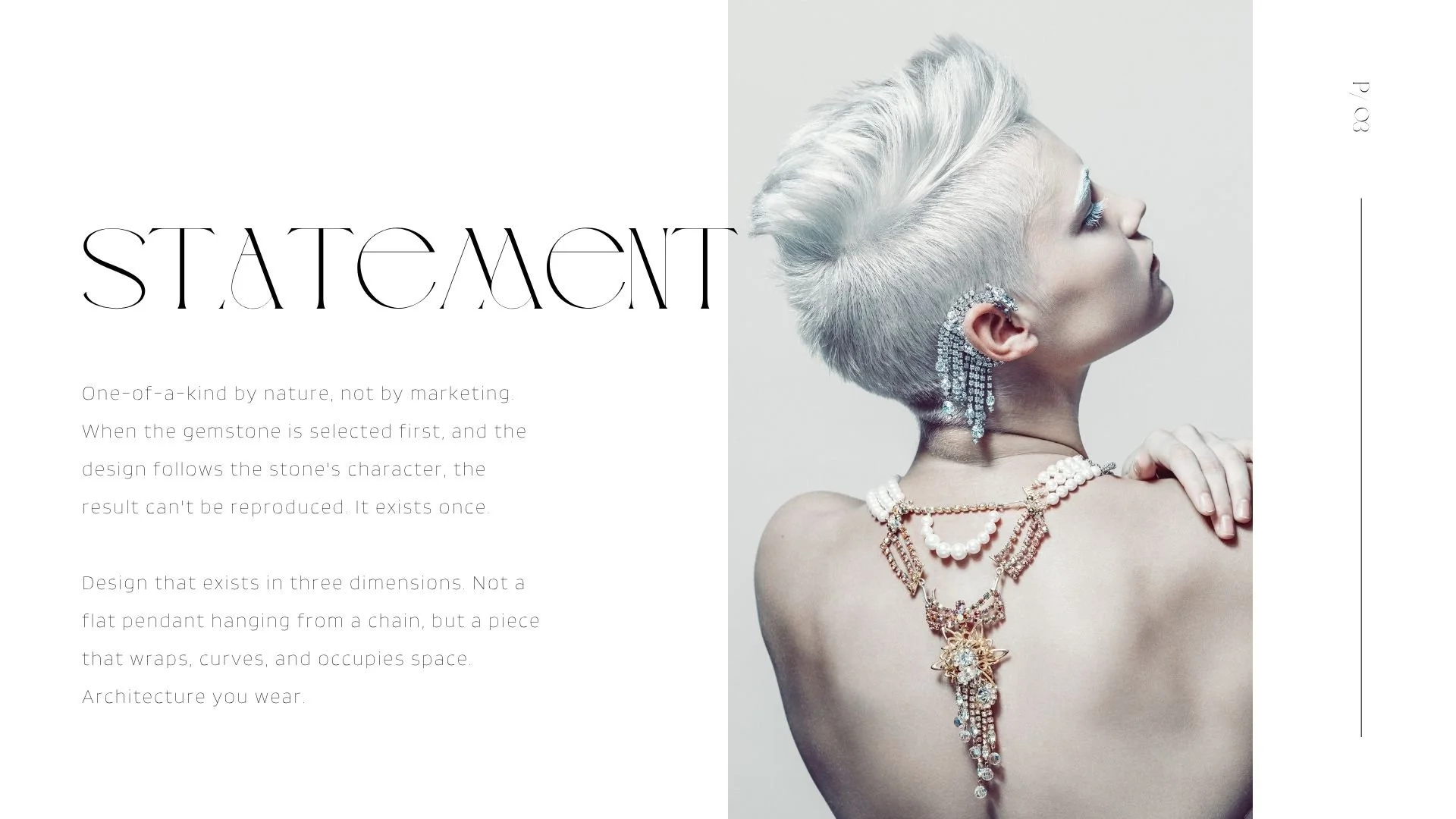 Editorial-style lookbook page with the headline “STATEMENT,” featuring a platinum-haired model in profile wearing a dramatic crystal ear cuff and an elaborate pearl-and-crystal back necklace.