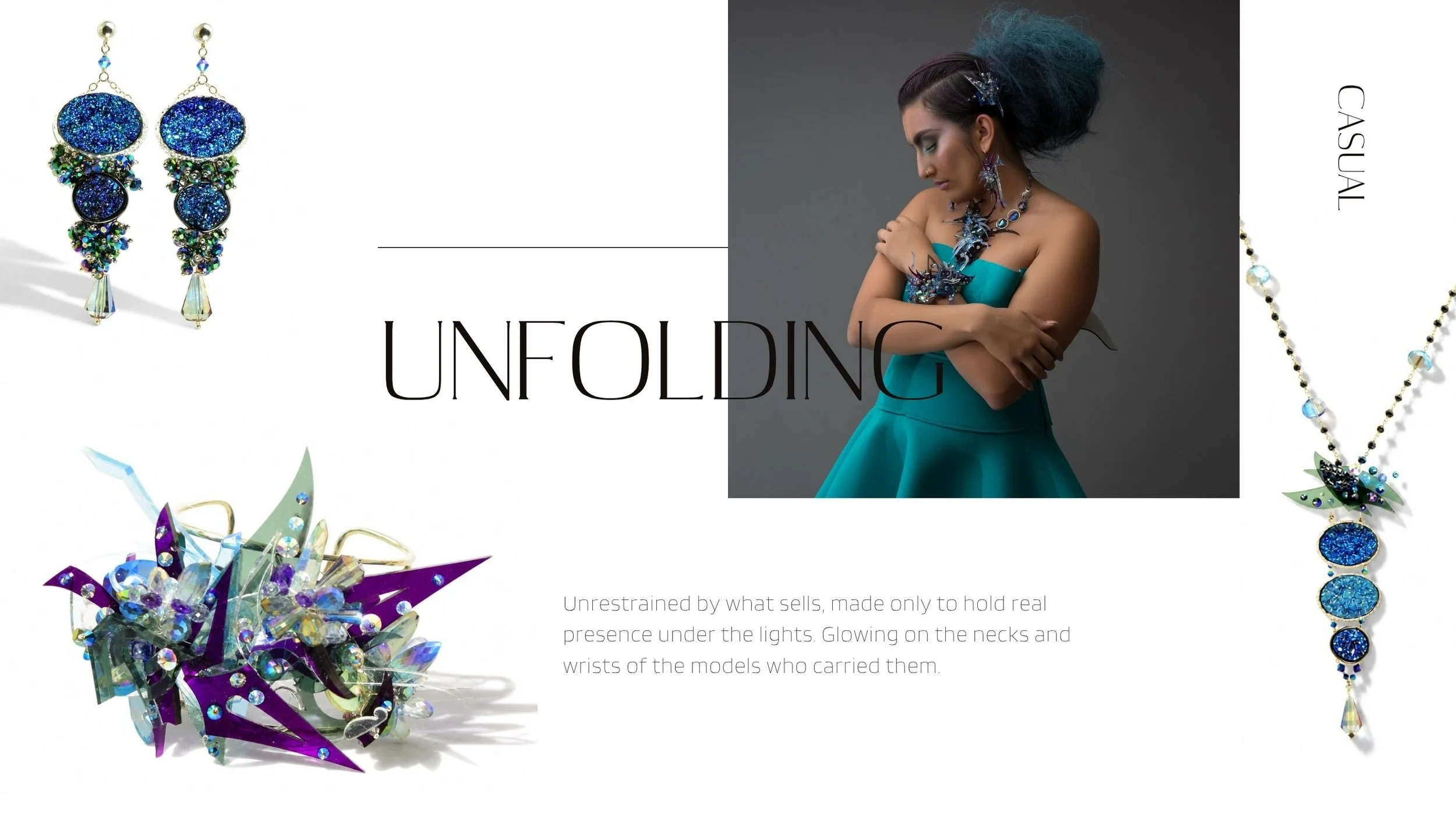 Unfolding lookbook spread with a model in a teal dress surrounded by blue crystal earrings, necklace, and a sculptural plexiglass cuff.
