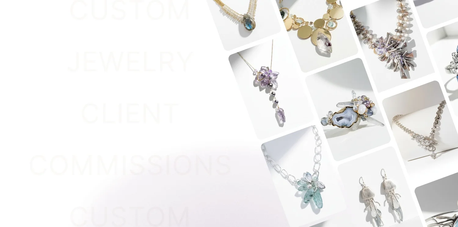 A collage of Andrea Li commission pieces: gemstone necklaces, a geode cuff and silver jellyfish earrings