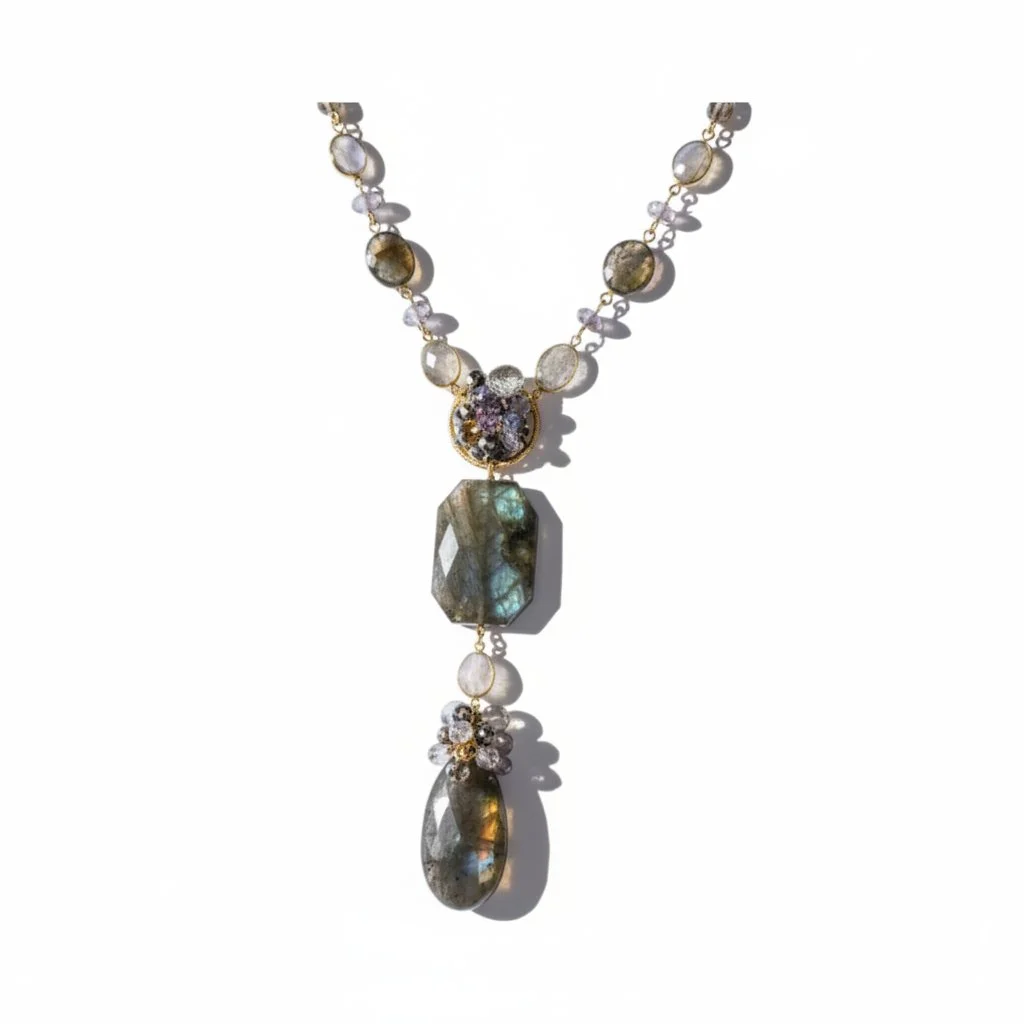 Statement necklace with oval labradorite and pale lilac beads, featuring a floral gemstone centerpiece and two faceted labradorite drop pendants, photographed on a white background with soft shadows.