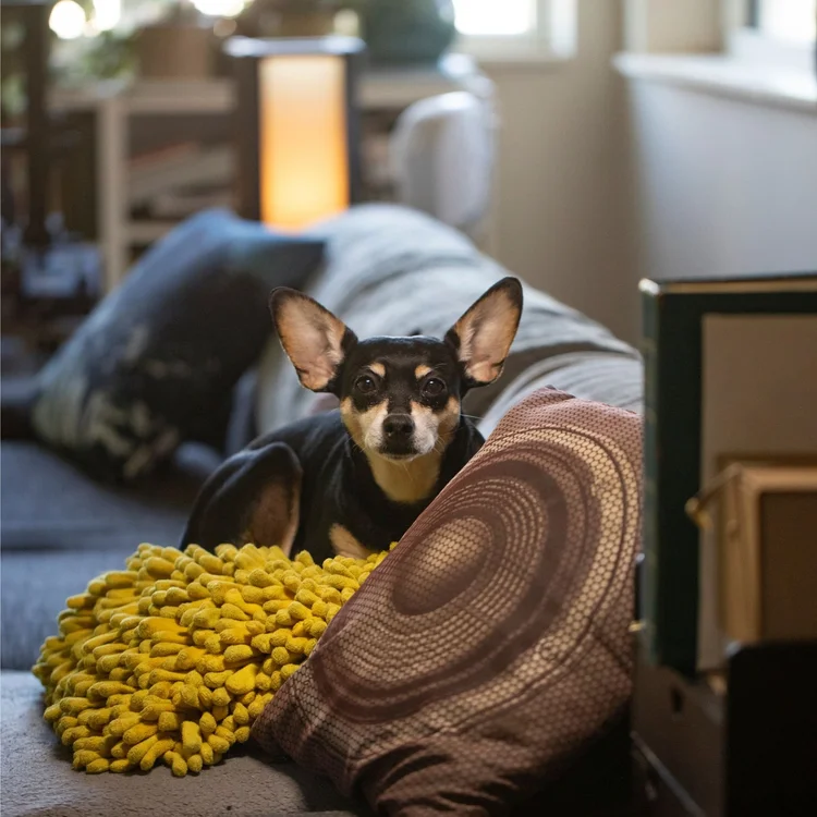 A small black and tan dog resting on a pillow in the studio