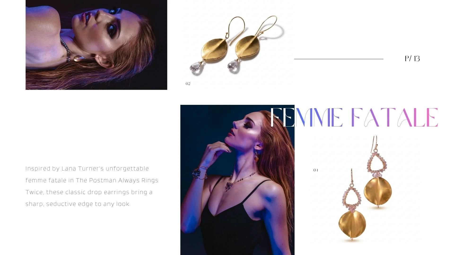 Editorial jewelry collage with a red-haired model, gold drop earrings, and product shots under dramatic purple-blue lighting