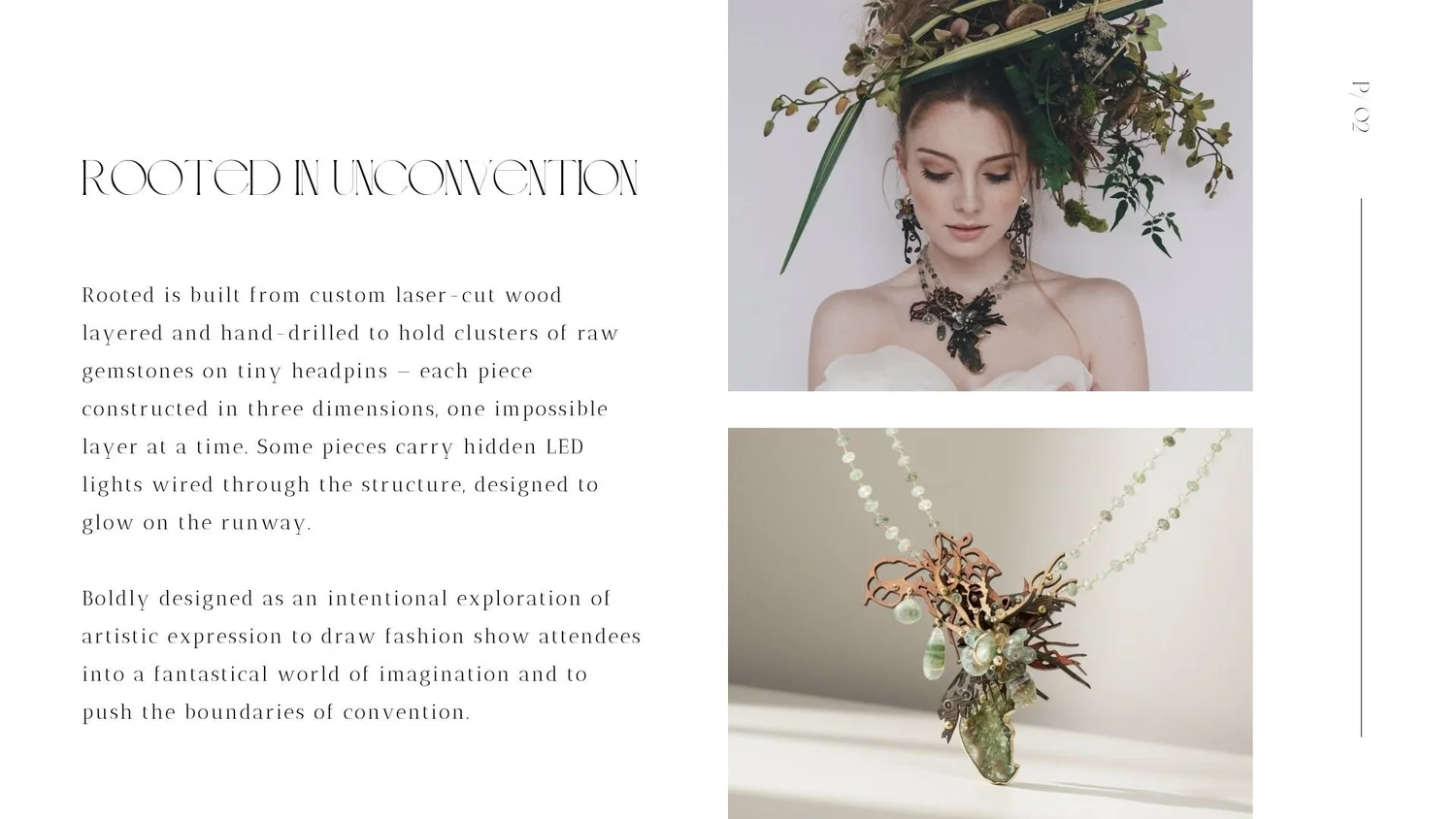 Editorial-style lookbook page titled “Rooted in Unconvention,” featuring a model in a sculptural botanical headpiece and dark organic statement necklace, alongside a close-up product photo of the nature-inspired pendant.