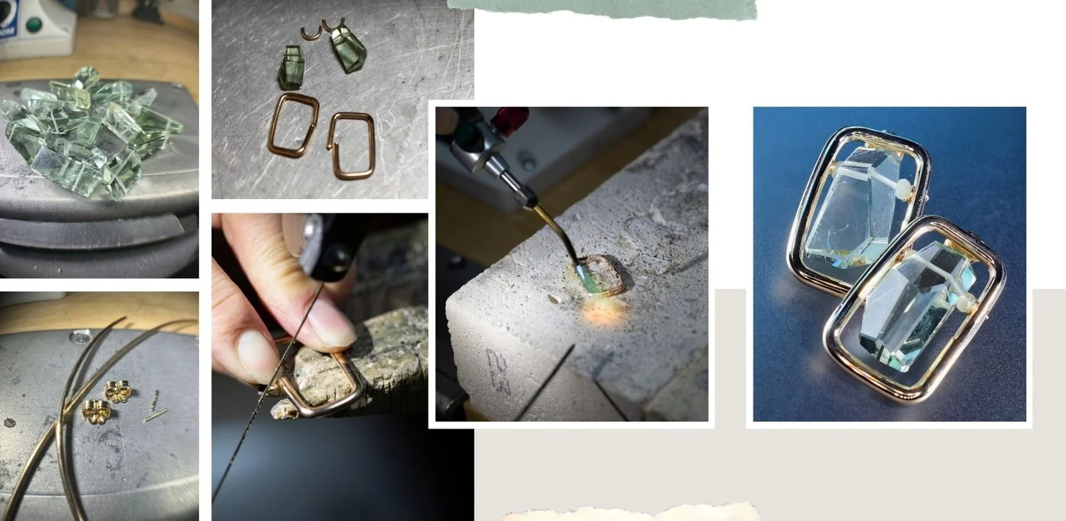 Collage showing the handmade jewelry process from raw pale green gemstones and metal components to sawing and soldering, ending with a finished pair of geometric gemstone earrings.