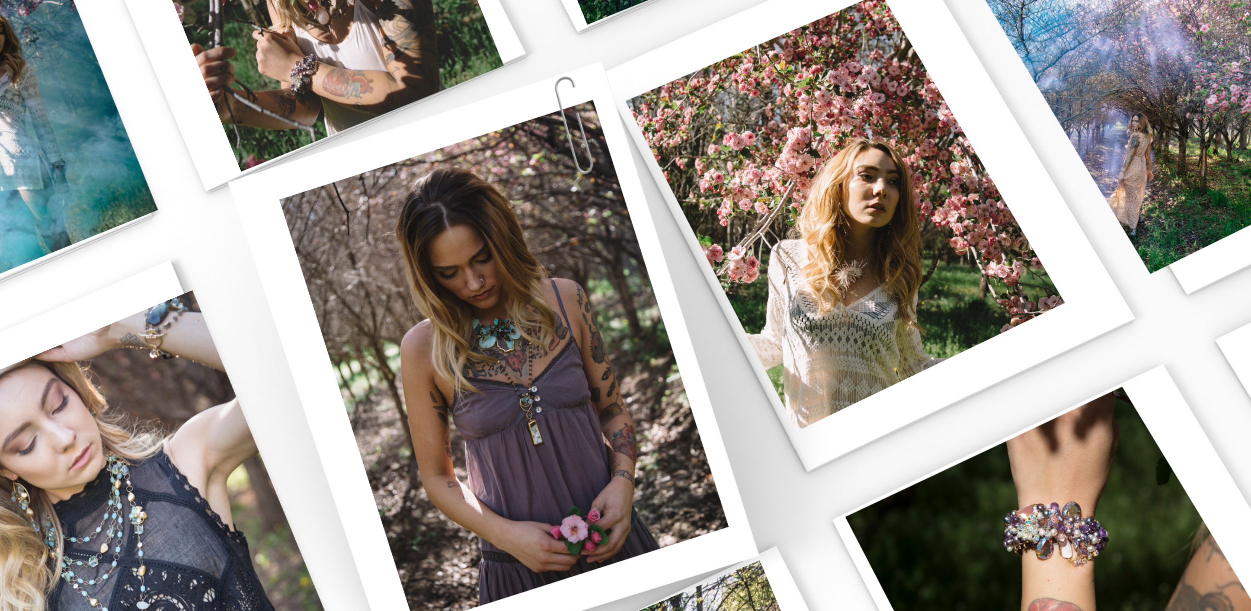 Collage of bohemian outdoor portraits featuring a tattooed model wearing eclectic gemstone jewelry among blooming trees and soft spring light.
