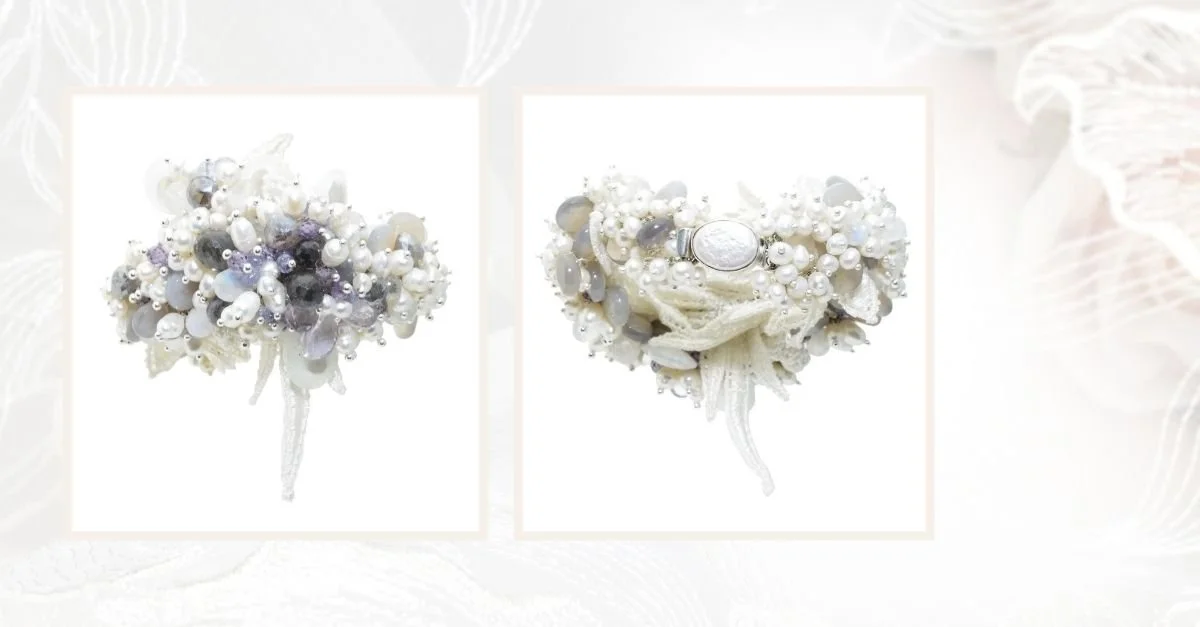 Side-by-side product photos of a handmade bridal wrist corsage, shown from the front and back, featuring clustered white, ivory, silver, and soft lavender beads and pearls on a delicate lace band against a light neutral background.