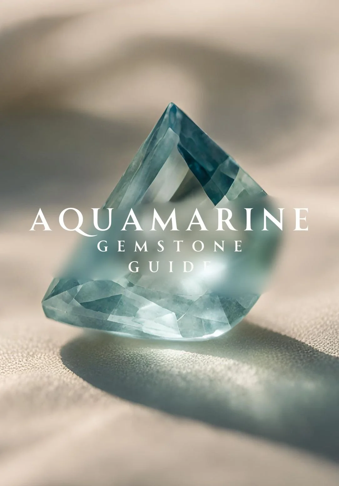 Aquamarine Gemstone Guide cover featuring a pale blue, faceted aquamarine crystal on a soft beige background with “AQUAMARINE GEMSTONE GUIDE” text overlay.