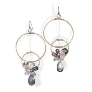 Earrings of two linked hoops in different sizes with a cluster of gray and lavender gemstones and a teardrop drop, by Andrea Li