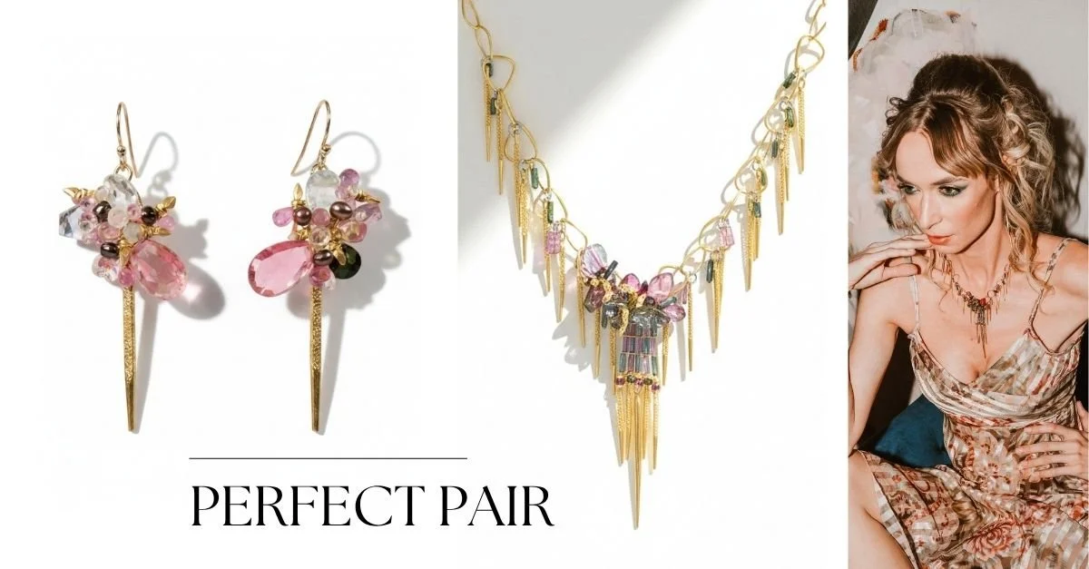 Collage featuring pink gemstone drop earrings, a matching statement necklace, and a model wearing the jewelry, labeled “Perfect Pair.”