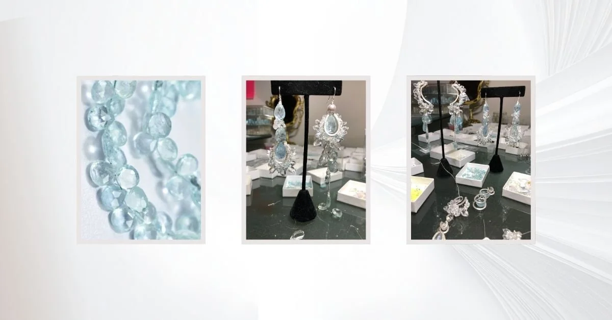 Triptych of pale blue aquamarine beads, custom silver earrings on display, and a wider studio view of matching jewelry in progress.