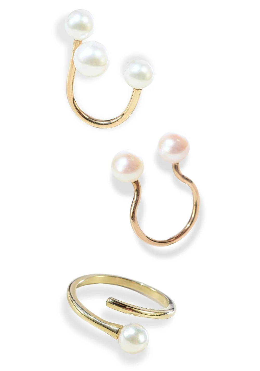 Three Andrea Li gold open shank rings with pearls, by Andrea Li