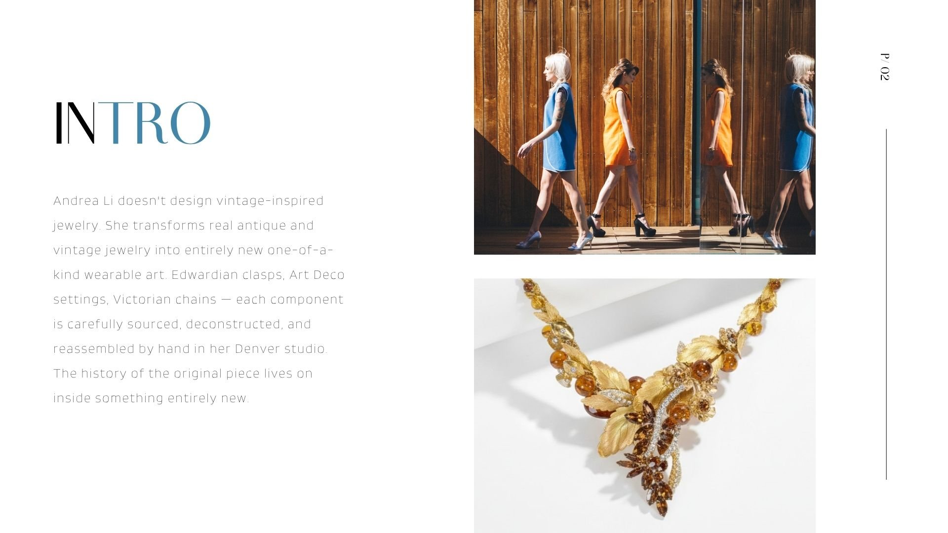 Lookbook intro page with descriptive text, two models in bright mod dresses, and a close-up of a gold leaf statement necklace.